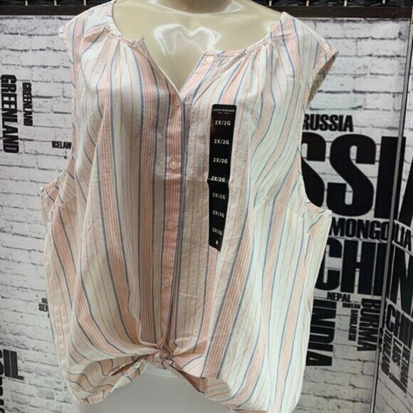 Lucky Brand Plus 2X Ivory Striped Button Tie Waist Sleeveless Top - Picture 1 of 5